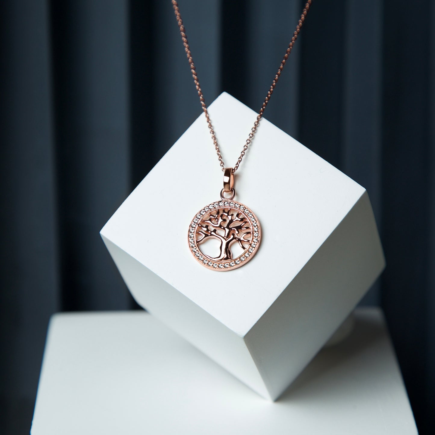 Rose Gold Tree Of Life Swiss Zirconia Pendant set - 18K Rose Gold Plated
