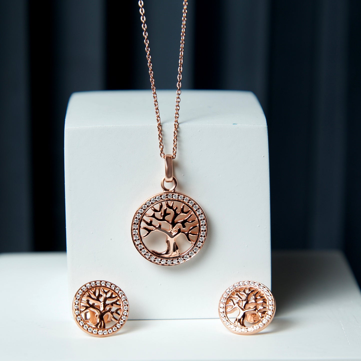 Rose Gold Tree Of Life Swiss Zirconia Pendant set - 18K Rose Gold Plated