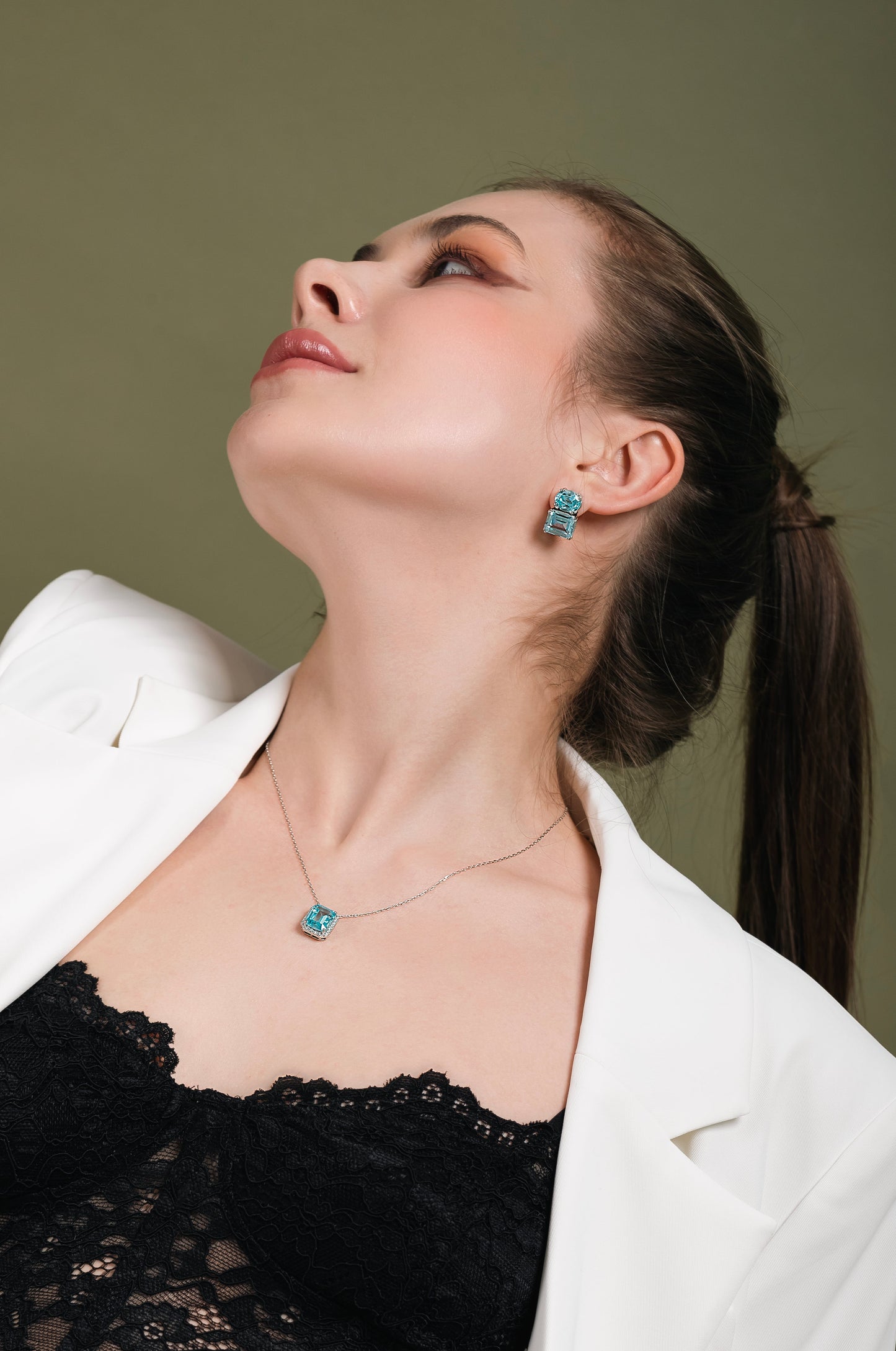 Estella Baguette Aqua Blue Pendant Set