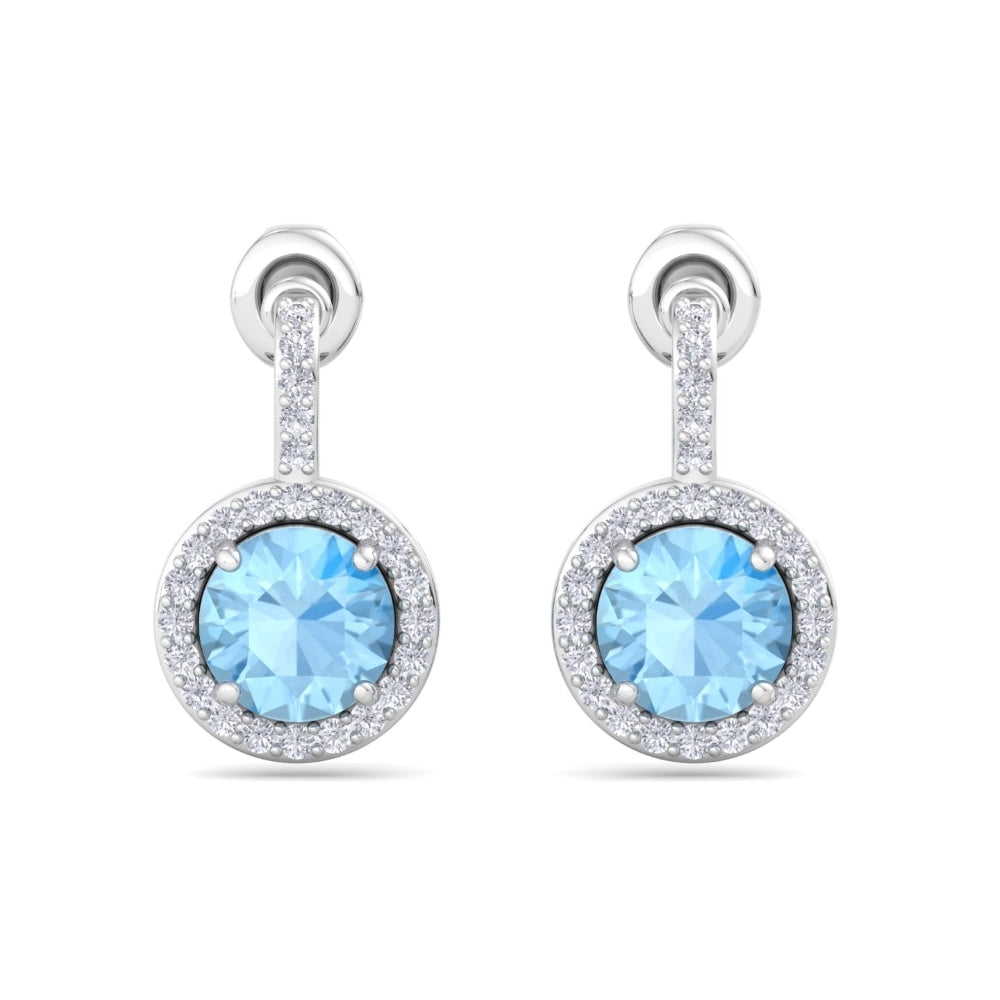 Tia Halo Round Cut Aqua Blue Earrings In Silver- 925 Sterling Silver. Sought to capture the ethereal essence of starry nights...