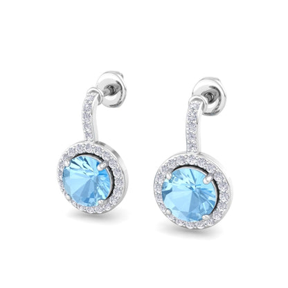 Tia Halo Round Cut Aqua Blue Earrings In Silver- 925 Sterling Silver