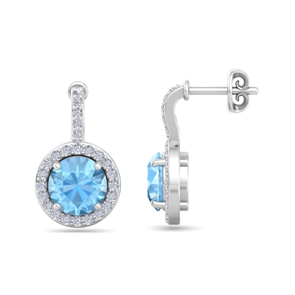 Tia Halo Round Cut Aqua Blue Earrings In Silver- 925 Sterling Silver