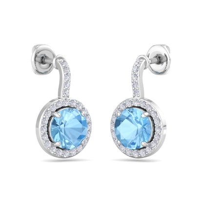 Tia Halo Round Cut Aqua Blue Earrings In Silver- 925 Sterling Silver