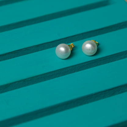 White Pearl Stud Earrings -18K Gold Plated