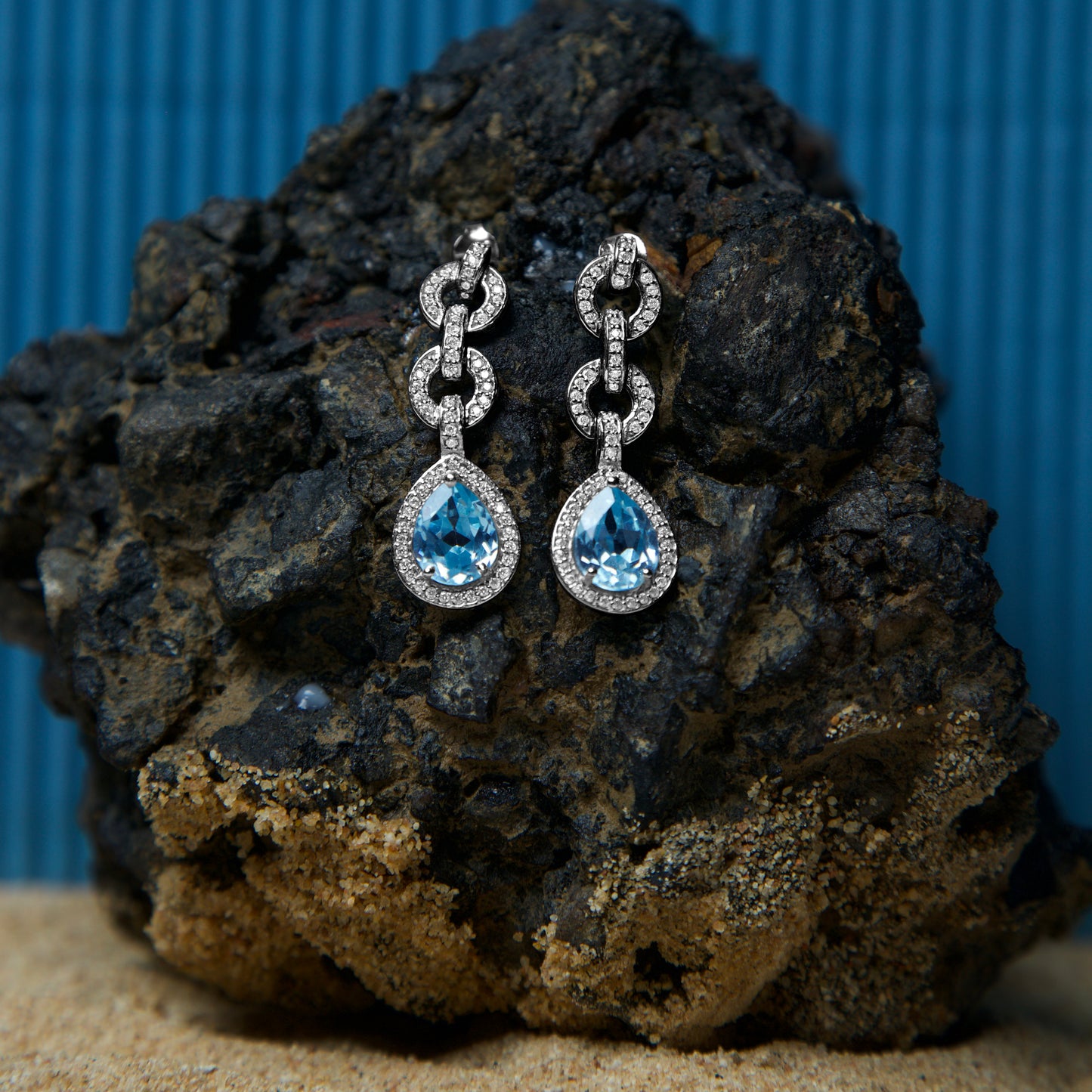 Martina Aqua Blue Dangle Earrings In Silver- Sterling Silver With White Rhodium Plated