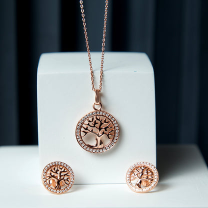 Rose Gold Tree Of Life Swiss Zirconia Pendant set - 18K Rose Gold Plated