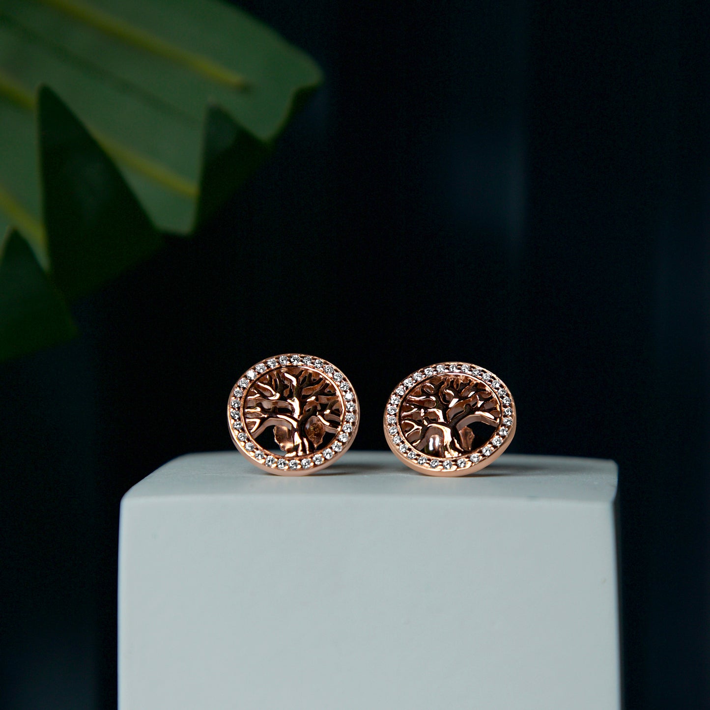 Rose Gold Tree Of Life Swiss Zircon Stud Earrings - 18K Rose Gold Plated