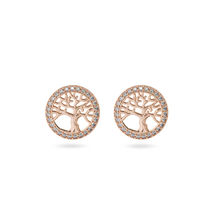 Rose Gold Tree Of Life Swiss Zircon Stud Earrings - 18K Rose Gold Plated. Representing the interconnectedness of all living b...