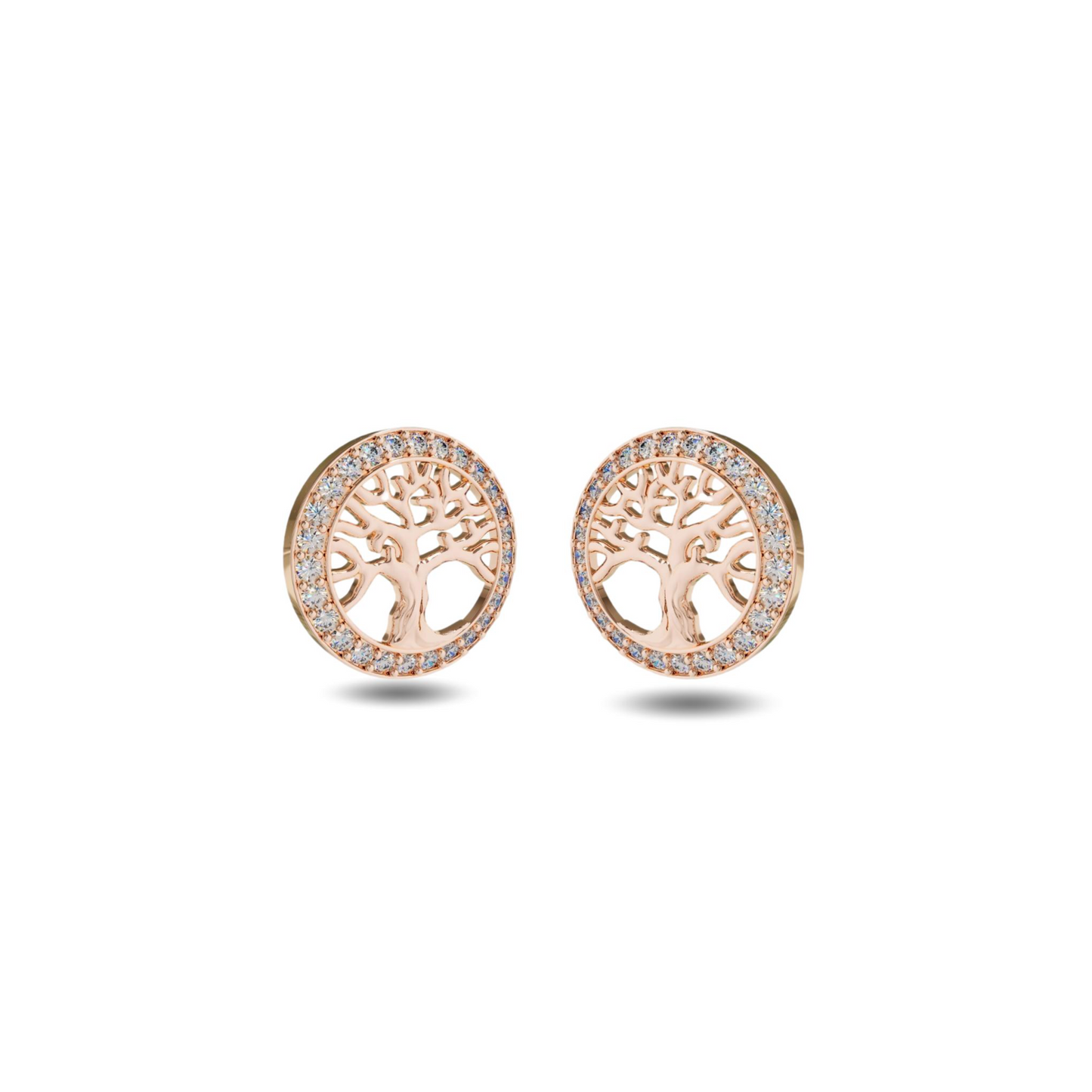 Rose Gold Tree Of Life Swiss Zircon Stud Earrings - 18K Rose Gold Plated