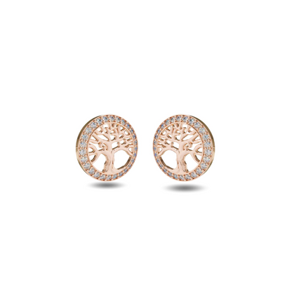 Rose Gold Tree Of Life Swiss Zircon Stud Earrings - 18K Rose Gold Plated